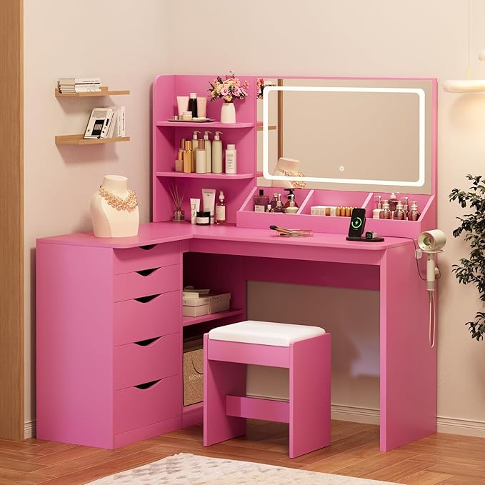 Furmax Vanity Desk with Mirror, L Shape Vanity, LED Lighted Mirror, with Power Outlet and 3 Storage Shelves, Makeup Table with 5 Drawers, 3 Color Modes, for Bedroom(Pink)