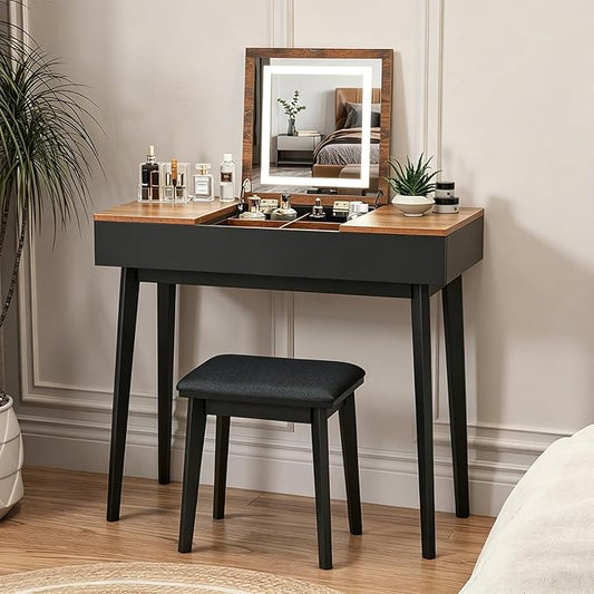 Vanity Desk, Flip Top Makeup Vanity Table with Power Outlet, Makeup Vanity Desk with Mirror & LED Light, Rustic Vanity Set with Cushioning Stool, Vintage Vanity for Bedroom, Black Brown