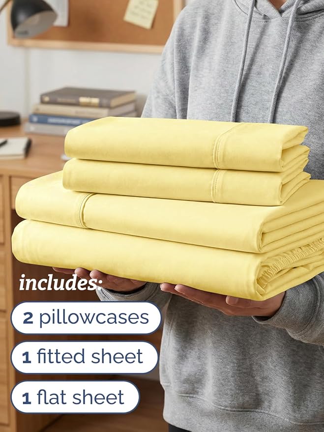 Twin XL 4 Piece Sheet Set - Comfy, Breathable & Cooling - Hotel Luxury Bedding for Women, Men, Kids, Teens & Children - 1 Flat & 1 Fitted Sheet & 2 Pillowcases w/ Deep Pockets - Wrinkle Free - Yellow