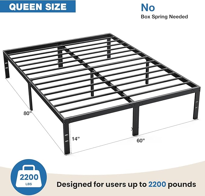 OLIXIS Metal Queen Bed Frame - 14in High with Storage Space, No Box Spring Needed with Sturdy Steel Slat Support, 2200LBS Heavy Duty for Easy Assembly, Black for Bedroom