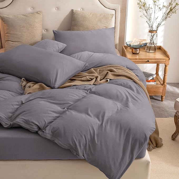 PURE ERA Jersey Knit Duvet Cover Set 100% T-Shirt Cotton Super Soft Comfy 3pc Bedding Set with Zipper Closure (Solid Grey Purple, King, 104'' x 90'')