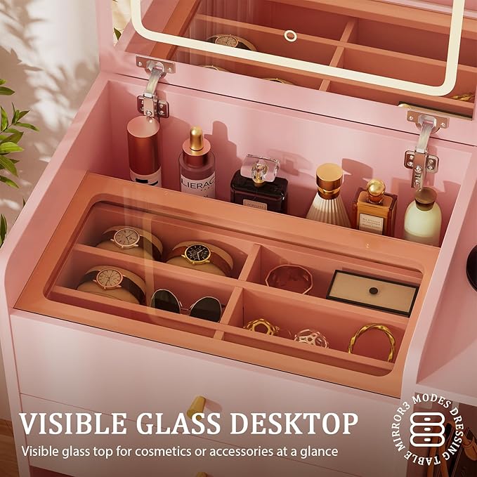 COMHOMA Makeup Vanity Desk with Mirror and Lights, Small 3 in 1 Vanity Table with Visible Glass Top, Flip Top & 3 Drawers, Compact Dresser with Storage Stool for Bedroom, Office or Nightstand