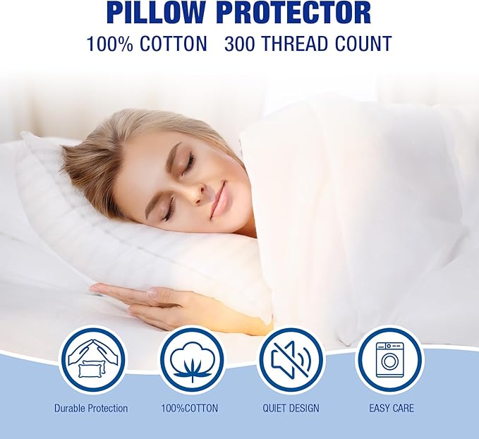 Premium Cotton Pillow Protectors with Zipper Durable Soft Breathable Pillow Cover Standard Size 2 Pack