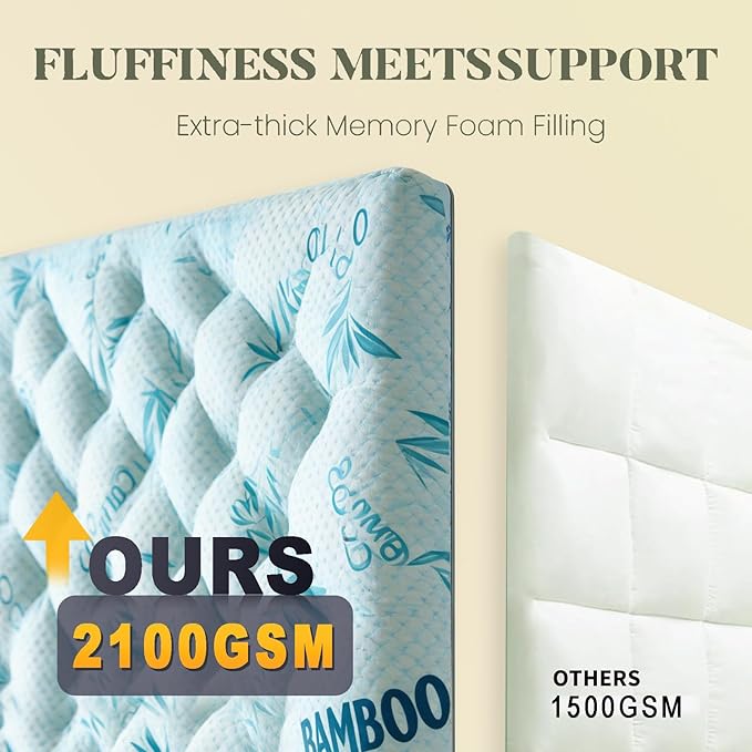 SHOUREN Memory Foam Mattress Topper King 4-5 Inch, 2100 GSM Pillow Top, Blue Bamboo-Viscose Cover, Plush Gel Memory Foam & 3D Fiber Fill, Elastic Straps, Machine Washable, 80x78