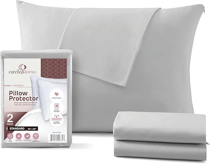 CirclesHome Pillow Protectors 2 Pack Standard Zippered - 100% Cotton Breathable Pillowcases - Protects Pillows from Dirt, Dust and Debris (Standard - Set of 2 - 20x26)