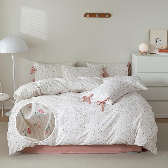 mixinni White Flower Pattern Duvet Cover Twin XL Pink Floral Stripes Duvet Cover Set 100% Cotton Bedding Set with Zipper Ties Bow Tie Pillowcases, Easy Care, Ultra Soft and Breathable-Twin XL Size
