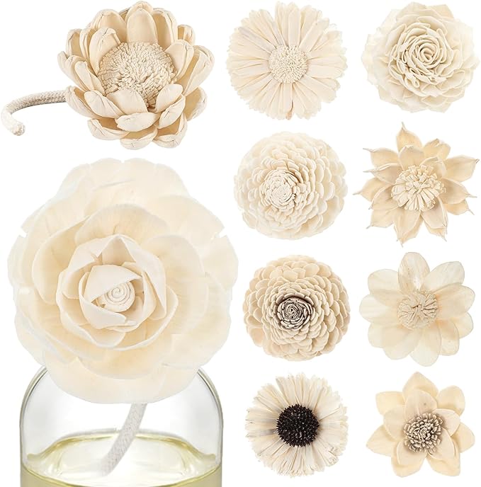 Waydress 15 Pcs Diffuser Mixed Sola Flowers Natural Material Aromatherapy Reed Wood Flowers Decorative Aromatherapy Flower Placement Refill Wood Flower Diffuser with Rope(3.15-3.35 Inches,Fresh)