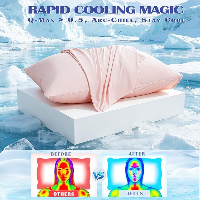 TELUS Cooling Pillowcases King Size 2-Pack, Silky Soft Breathable Pillow Case with Envelope Close, Stay Cool Pillow Cover for Hot Sleepers and Night Sweats, 20x36 Inch, Pink