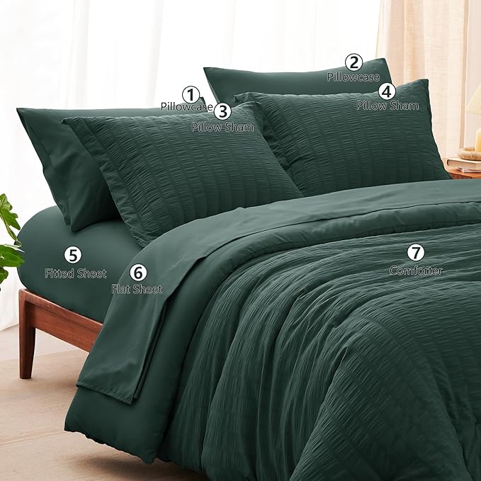 CozyLux Full Size Comforter Sets with Sheets 7 Pieces, Forest Green Seersucker Bed in a Bag Textured Luxury Soft Bedding Set with Down Alternative Comforter, Sheets, Pillowcases & Shams for All Season