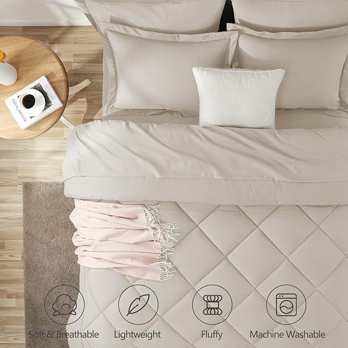 CozyLux King Size Comforter Set Beige - 7 Pieces Bed in a Bag King, Luxury Soft Bed Set for All Seasons, Bedding Set with Down Alternative Comforter, Sheets, Pillowcases & Shams