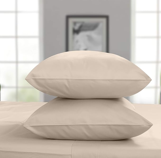 Threadmill Luxury Pillow Cases Queen | Standard Size Set of 2 | 1200 Thread Count 100% USA Supima Cotton | Soft Solid Sateen, Breathable Pillow Covers Fits Queen Pillows | Beige