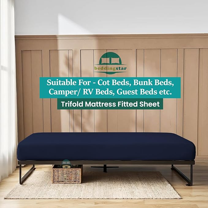 Queen Fitted Sheet 60 x 80 Inches 4" Deep Pocket 100% Egyptian Cotton 600 Thread Count Snug Fit Trifold Mattress, Narrow Twin, Camp Bunk, Guest Bed, Army Cot Soft & Breathable – Navy Blue