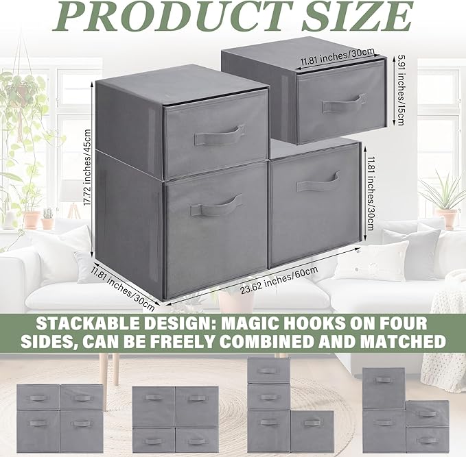 Weysat 4 Cube Stackable Under Dorm Bed Storage Container Foldable Closet Drawer Organizer Fabric Storage Cube Bins for Dorm Essentials College Closet Bedroom Living Room Nursery(Dark Gray,17.72 Inch)