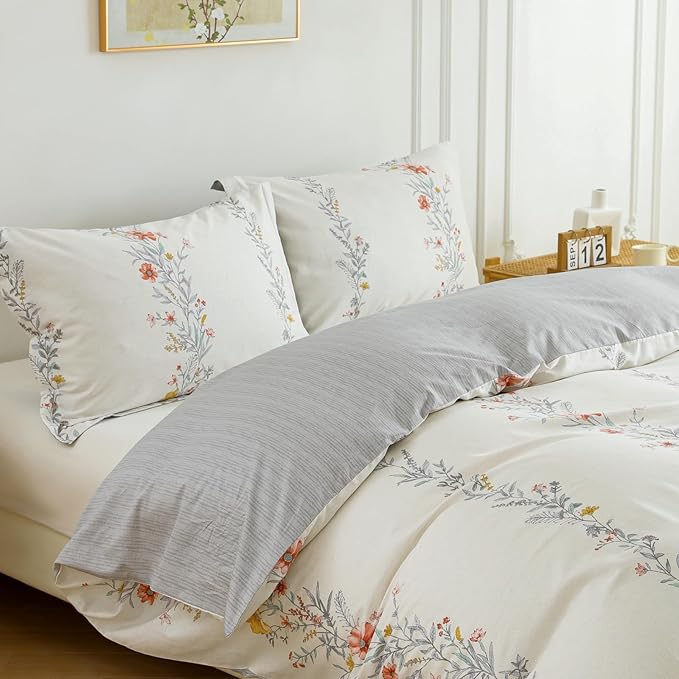 OAITE Duvet Cover Set King Size Floral Pattern Ultra Soft 100% Cotton Duvet Cover Sets 3-PC, Breathable Duvet Cover with Zipper Closure & Corner Ties(2 Pillow Shams,1 Duvet Cover)