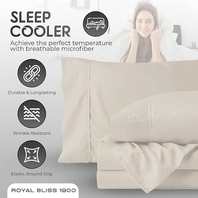 Royal Bliss King Size Sheets Set - 4 Piece Bedding, Wrinkle Free, Double Brushed, Cooling Sheets, Ivory