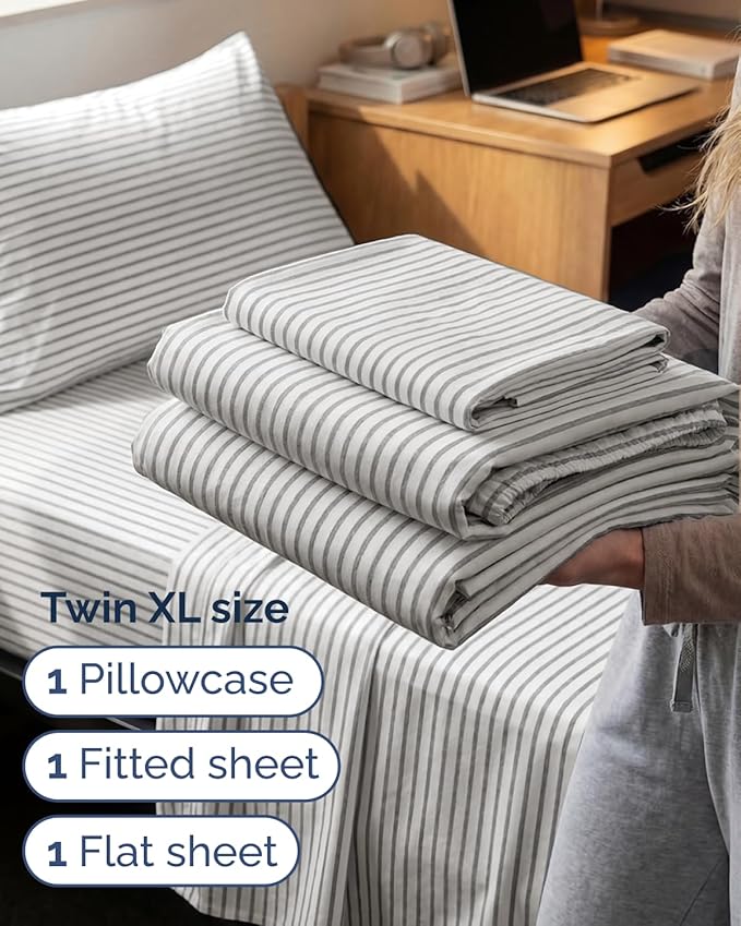 Twin XL Size 3 Piece Sheet Set - Comfy Breathable & Cooling Sheets - Hotel Luxury Bed Sheets for Women & Men - Deep Pockets, Easy-Fit, Soft & Wrinkle Free Sheets - Grey Stripes Oeko-Tex Bed Sheet Set