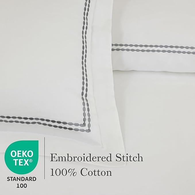 Dreamology White Duvet Cover Luxury Hotel Quality Bedding Set 100% Cotton Embroidered Duvet Covers with 2 Pillow Shams Hypoallergenic Zipper Closure 3 Pieces Duvet Set (Grey T-200, King)
