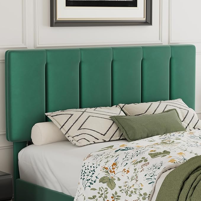 VECELO Queen Size Bed Frame with Adjustable Headboard, Upholstered Platform Bedframe with Wood Slat Support, No Box Spring Needed, Easy Assembly, Dark Green