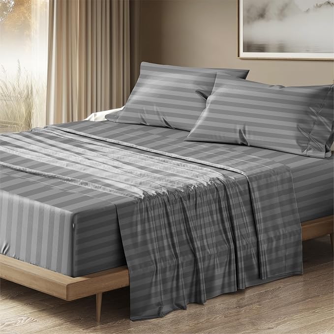 THREAD SPREAD 100% Egyptian Cotton Damask Sheets Queen Size - Luxury 1500 Series Queen Sheet Set Egyptian Cotton (4 PC, Dark Grey Stripe), Silky Soft, Sateen & Cooling, 17" Deep Pocket Bed Set