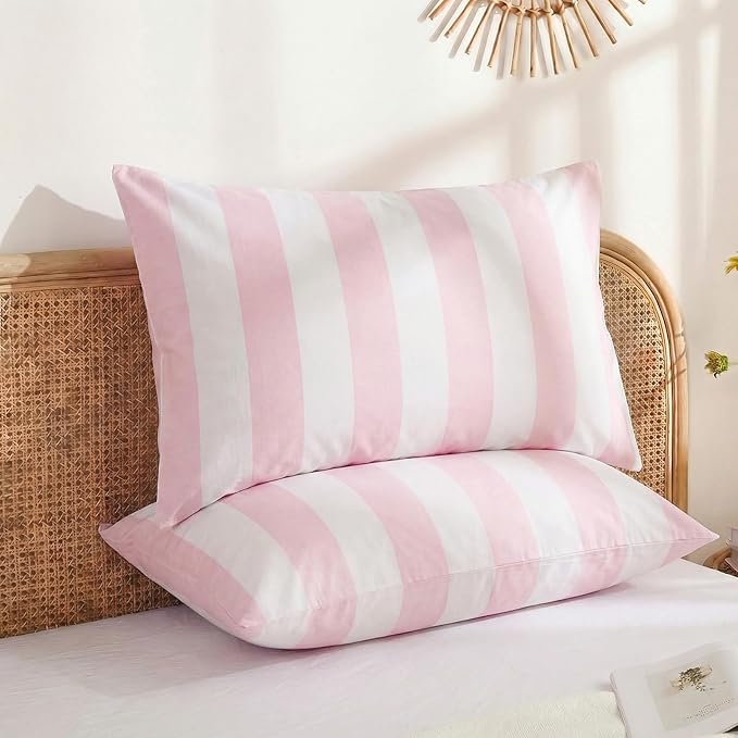 Merryword Queen Size Pillowcases, 100% Cotton Pillow Cases, Pink and White Striped Pillowcases, Luxury Linen Like Pillowcase, Soft Breathable Wide Stripe Pillow Covers, Set of 2