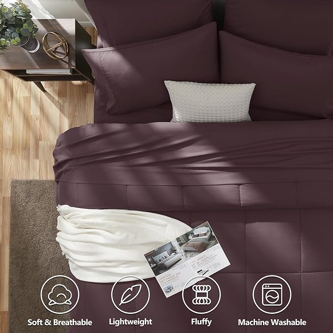 CozyLux Full Size Comforter Set Cocoa Powder, 7 Pieces Bed in a Bag, Brown Comforter Full Size, All Season Bedding Sets with Stitch Quilted Comforter, Flat Sheet, Fitted Sheet, Pillowcases