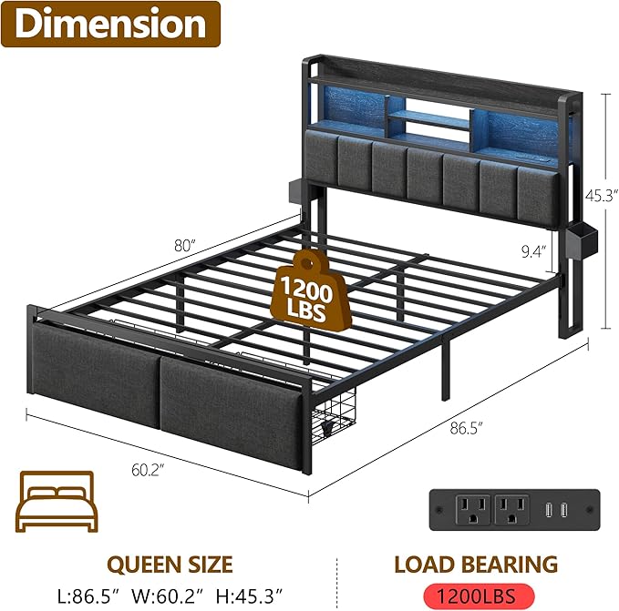 Furnulem Queen Bed Frame with Storage Drawers, Upholstered Headboard with LED Light & Charging Station, Metal Platform Bed Frame Queen Size, Noise Free, No Box Spring Needed, Black (1200 lbs Capacity)