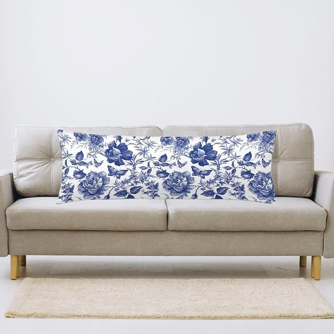 Blue and White Porcelain Floral Body Pillow Cover Modern Vintage Chinoiserie Decorative Long Pillow Case with Zipper Farmhouse Bedding Pillowcase Soft Cushion Pillow Covers for Bedroom,Couch,20"x54"
