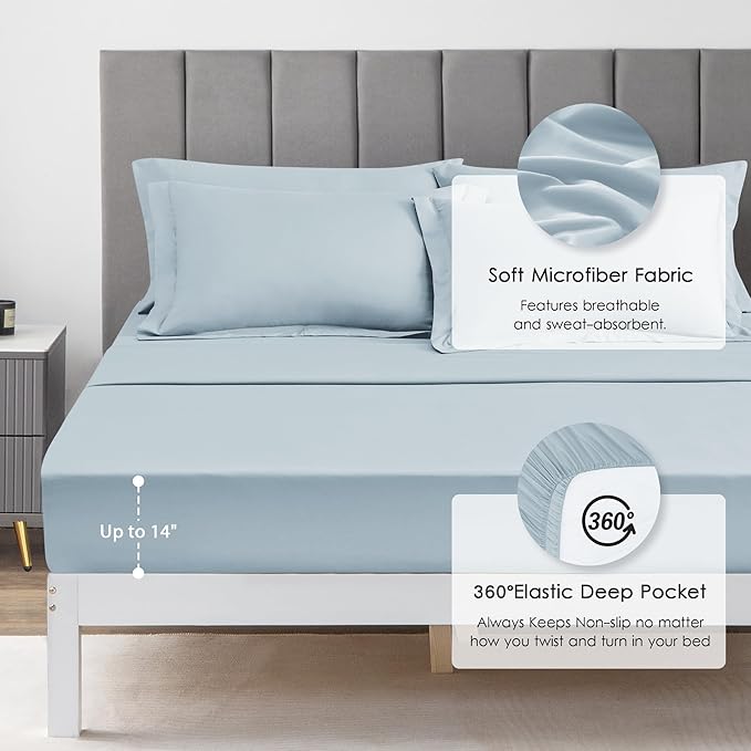 Love's cabin Queen Comforter Set Light Blue, 7 Pieces Queen Bed in a Bag, All Season Bedding Sets with 1 Comforter, 1 Flat Sheet, 1 Fitted Sheet, 2 Pillowcase and 2 Pillow Sham | Soft, Breathable, Lightweight, Comfortable