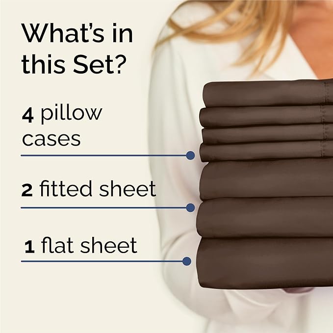 Split King 7 Piece Sheet Set - Comfy Breathable & Cooling - Hotel Luxury Bedding for Women, Men, Kids, Teens & Children - 1 Flat & 2 Fitted Sheets & 4 Pillowcases w/ Deep Pockets, Wrinkle Free - Brown