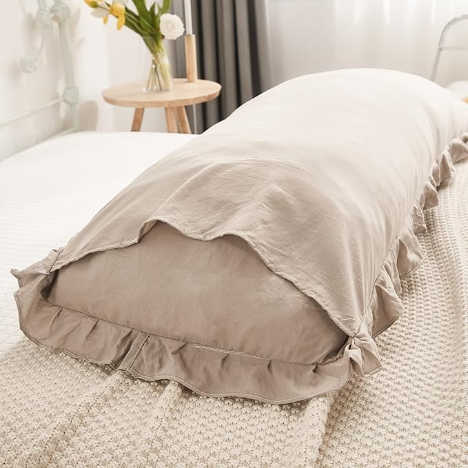 Taupe Body Pillow Cover 20x54inches Long Pillowcase Ruffled Pillowcases Shabby Chic Ruffled Fringe Decor Body Ruffled Pillow Sham Cute Pillowcase (1 Body, Taupe)