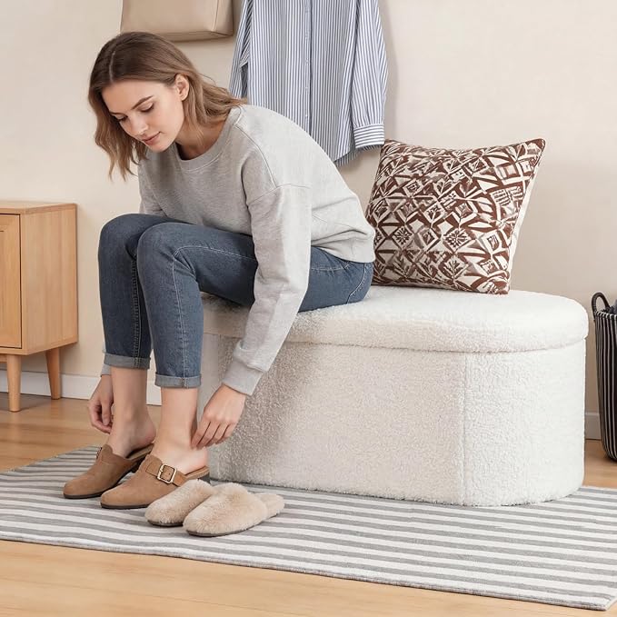 DUMOS Folding Storage Ottoman Bench, Oval Round Ottoman End of Bed Foot Rest Bench Stool with Cushion, Storage Chest for Bedroom, Living Room, Entryway, Dorm, Teddy Fabric, White
