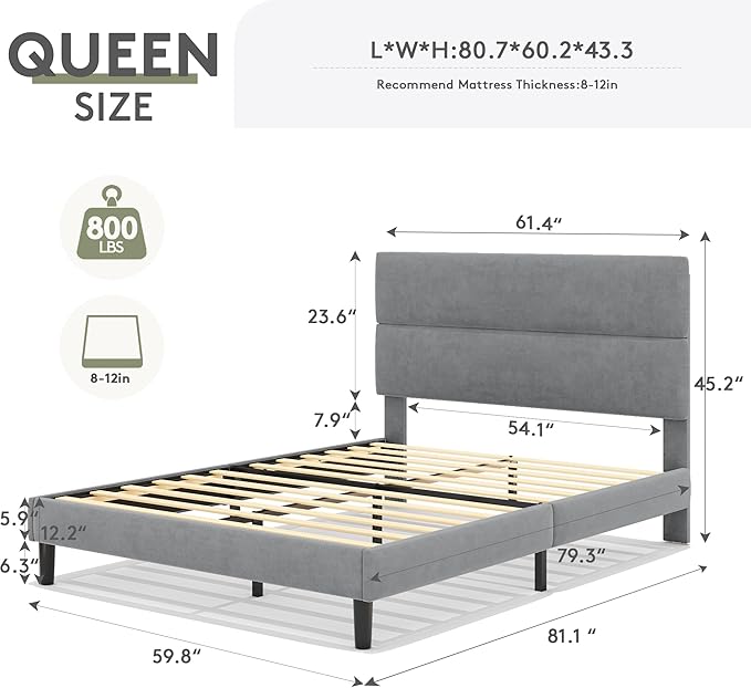 GRUSIGN Queen Size Platform Bed Frame with Velvet Headboard, Adjustable Height Wooden Slats Support, Upholstered Mattress Foundation, Fits Mattress or Mattress with Box Spring, Easy Assembly, Grey