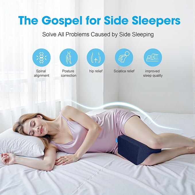 Knee Pillow for Side Sleepers with Cooling Gel, Memory Foam Elevation Pillow for Spine Aligning, Sciatica, Back, Hip, Knee, Ankle Pain, Blue/Plus