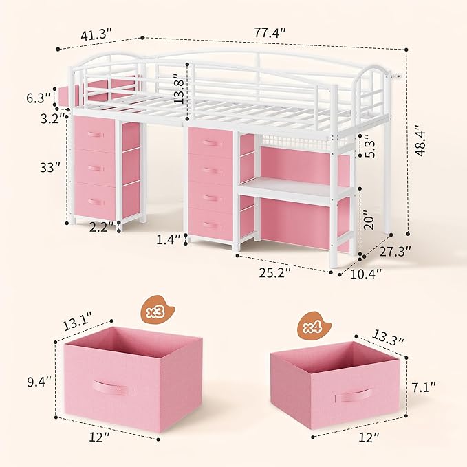 Low Loft Bed Twin Size with 7 Storage Drawers, Desk and LED Lights, Heavy Duty Metal Kids Loft Bed with 12" H Safety Guardrail, Anti-Collision Pad, Private Play Curtain, Under-Bed Play Space - Pink