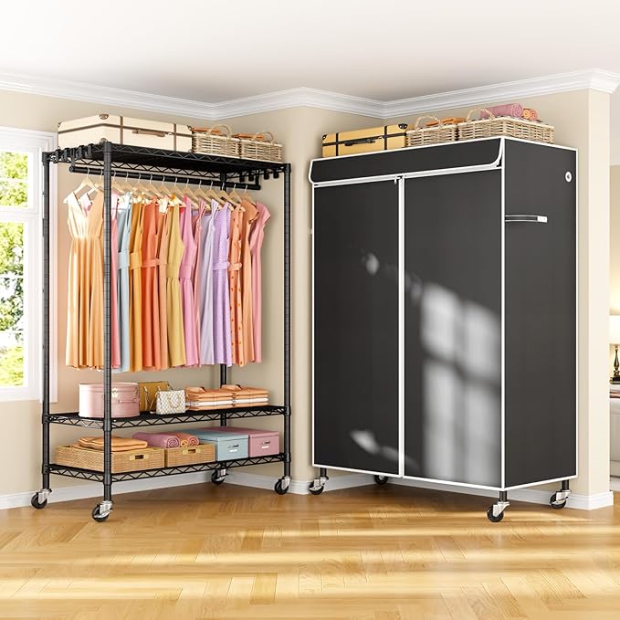 ULIFHOME P6C Plus Rolling Clothes Rack with Cover, Covered Clothing Rack Heavy Duty, Portable Closet for Hanging Clothes, Garment Rack on Wheels, Black Closet Rack with Black Cover, Max Load 375LBS
