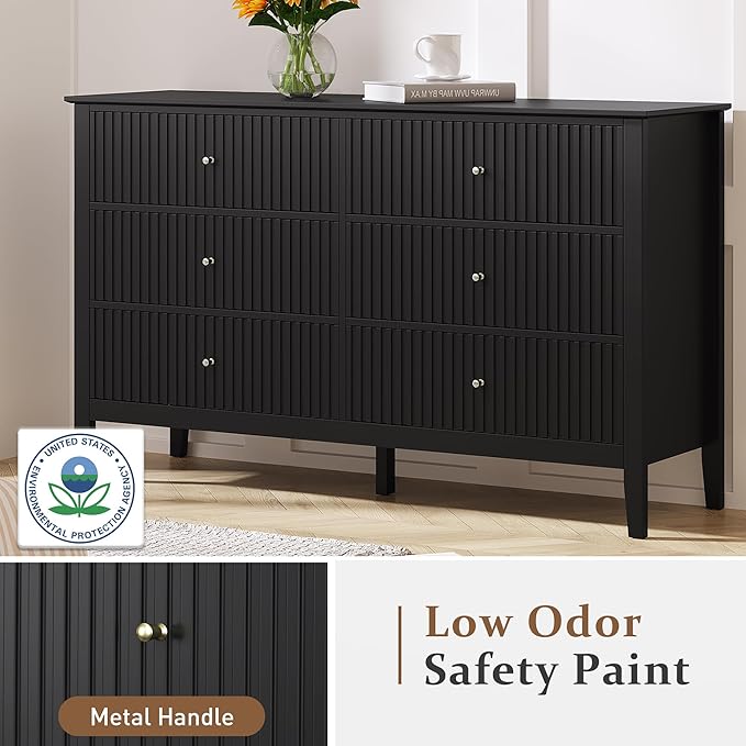 FansaFurn Black Dresser Fluted 6 Drawer Dresser Wide Modern Chest of Drawers Large Closet Dressers Wood Storage Dressers Organizer Storage Cabinet for Bedroom Living Room Hallway Entryway