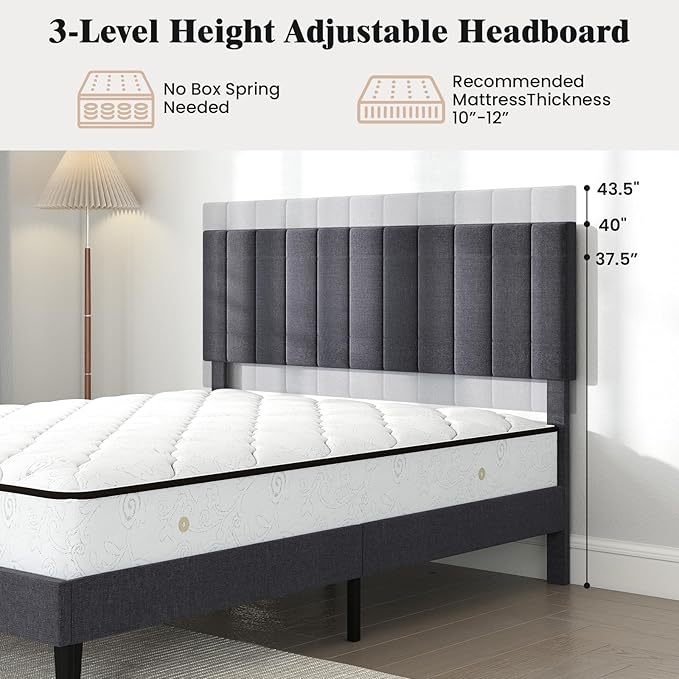 Giantex Queen Size Upholstered Bed Frame, Platform Bed with Height Adjustable Vertical Channel Headboard, Wooden Slats Support Mattress Foundation, No Box Spring Needed, Noise Free, Grey