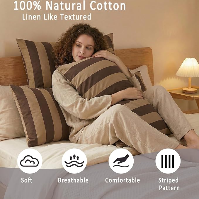 Merryword Queen Size Pillowcases, 100% Cotton Pillow Cases, Brown and Khaki Striped Pillowcases, Luxury Linen Like Pillowcase, Soft Breathable Wide Stripes Pillow Covers, Set of 2