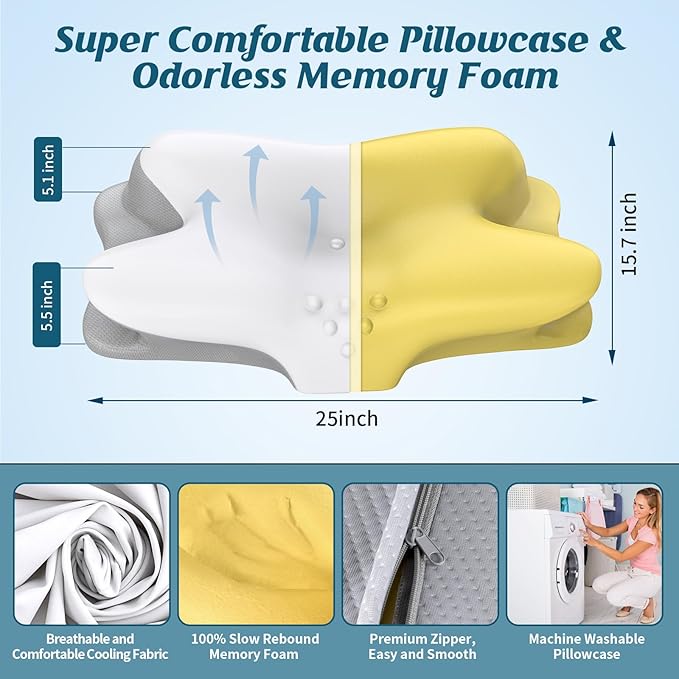 Cervical Neck Pillow for Pain Relief, Ergonomic Side Sleeper Pillow for Sleeping, Contour Orthopedic Memory Foam Pillows for Back & Stomach Sleepers with Pillowcase