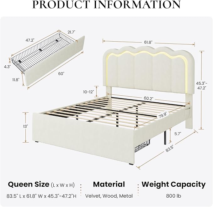 SHA CERLIN Upholstered Queen Size Bed Frame with LED Lights and Large Storage Drawer, Velvet Platform Bed with Adjustable Wavy Headboard, Noise Free, Easy Assembly, No Box Spring Needed, Soft Cream