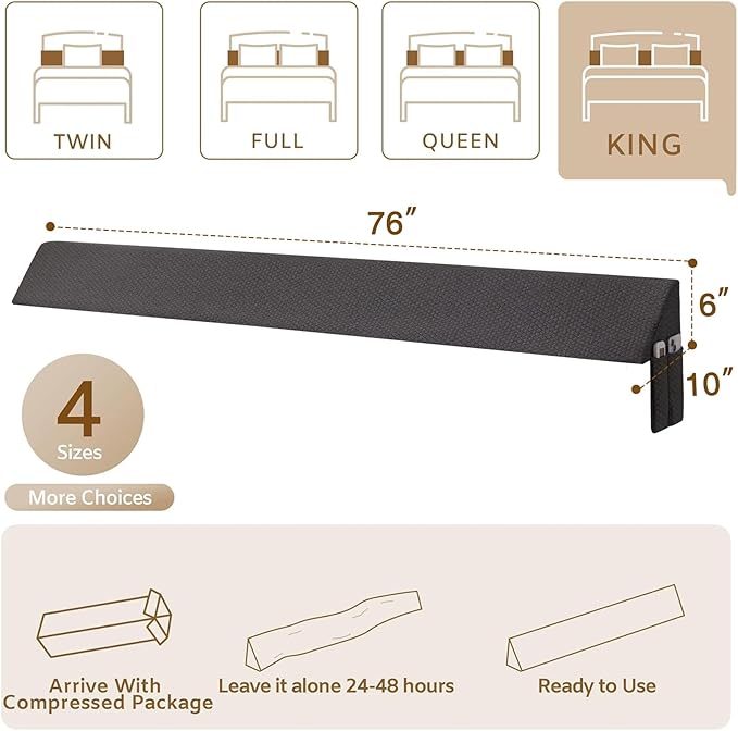 Bedluxe King Wedge Pillow Headboard (76"x10"x6"), Bed Wedge Pillow for Headboard, Foam Headboard Pillow, Bed Gap Filler King - Fill The Gap (0-7"), Mattress Gap Filler (Air-Layer Black, 76"x10"x6")