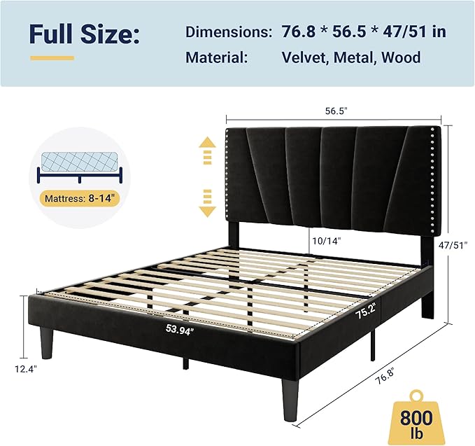 Allewie Full Size Bed Frame with Adjustable Velvet Upholstered Headboard, Rivet-Style Nailhead Trim Detail Platform Bed Frame, Wooden Slat Support, No Box Spring Needed, Easy Assembly, Black