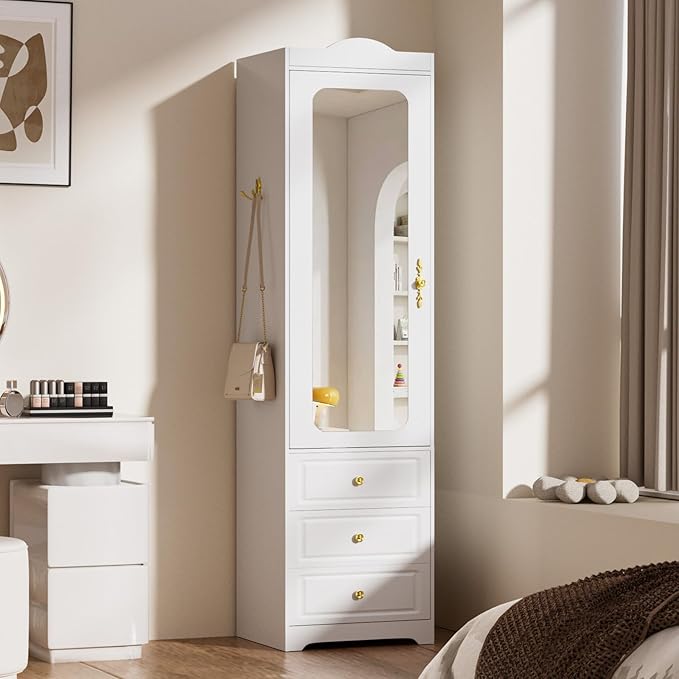 Armoire Wardrobe Closet, Updated White Bedroom Armoires Cabinet with Mirror Door and 3 Drawers, 15.7" W/69.5" H Clothing Storage Cabinet with Hanging Rod & Sensor Light for Bedroom-Left