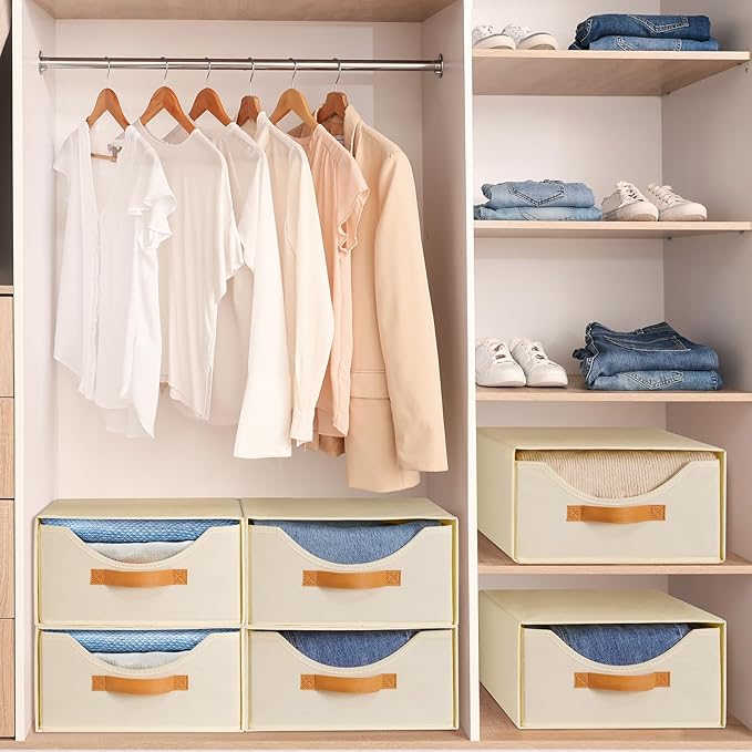 6 Pcs 16.5" Closet Drawers and Large Size Clothes Storage Bins Push-Out Storage Stackable Shelf Drawers with See-Through Window Closet Organizers for Bedroom, Living Room, Under Bed, Beige