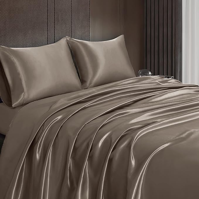 Homiest 4pcs Satin Sheets Set Luxury Silky Satin Bedding Set with Deep Pocket, 1 Fitted Sheet + 1 Flat Sheet + 2 Pillowcases (King Size, Tinfoil Brown)