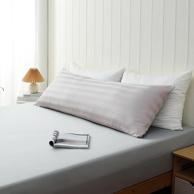 100% Cotton Soft Body Pillow Protectors with Invisible Zipper 20X54 Inches Body Pillow Cases, 600 Thread Count Soft Pillow Cases, Striped Light Beige Color 1-Pack