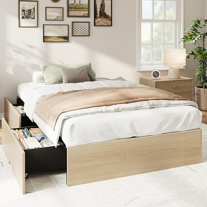 IDEALHOUSE Twin XL Bed Frame with 2 Storage Drawers, Wooden Bed Frame Without Headboard, Minimalist Floor Platform Bed, Wood Slat Support, Noise Free, No Box Spring Needed, Easy Assembly