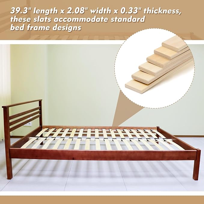 Threehoney 12 Pack Wooden Bed Slats Replacement 39.3" L x 2.08" W x 0.33" H Arc Solid Wood Mattress Support for Bed Frame Sofa Foundation Platform Repair, Easy Assembly No Tool Required(Wooden)