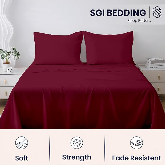 SGI bedding 100% Egyptian Cotton Sheets RV King Size – 600 Thread Count Sheets Set, Soft, Cooling, 15" Deep Pocket, Luxury Hotel Bedding, Breathable, Durable - Burgundy
