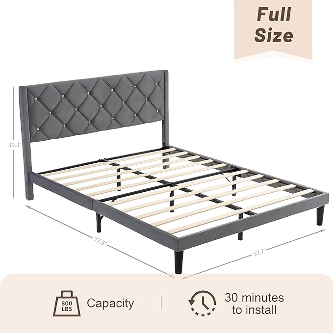 Full Bed Frame with Headboard, Bed Frame Full Size with Sturdy Wooden Slats Support, Platform Frame with Velvet Upholstered Headboard, Mattress Foundation, Easy Assembly, No Box Spring Needed grey